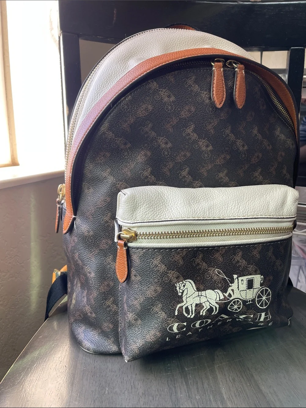 Coach Brown Monogram Backpack with Cream Front Pocket and Tan Trim